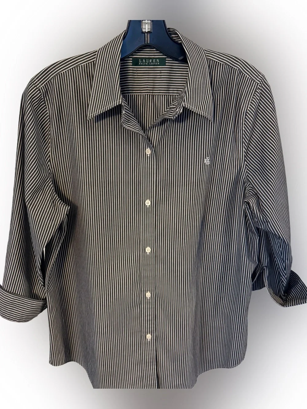 Lauren Ralph Lauren Women’s Button Down Shirt Black White Stripe Sz L